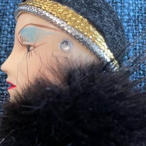 Art Deco Style Flapper Brooch with Real Fur